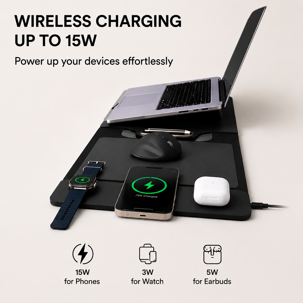 🖥️🔥The All-In-One Mobile Workstation Sleeve | Built-In 15W Multi-Device Wireless Charger, Ergonomic Laptop Stand & Mousepad (Fits up to 16")